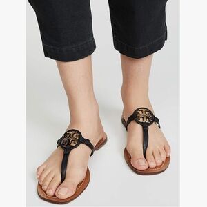 Tory Burch Women  Mini Miller Leather Thong Sandals Perfect Black Sz 8 preowned